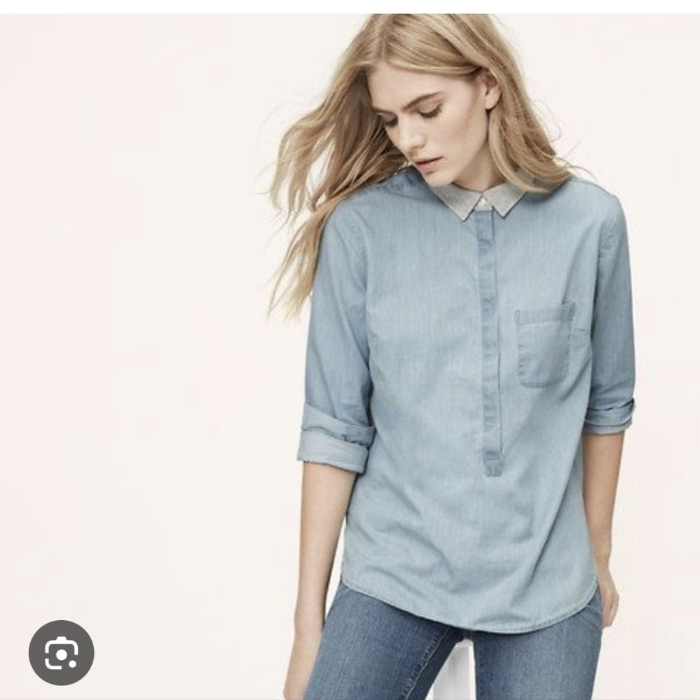 LOFT Chambray Softened Popover Shirt with Gray Collar Sz.XL NWT